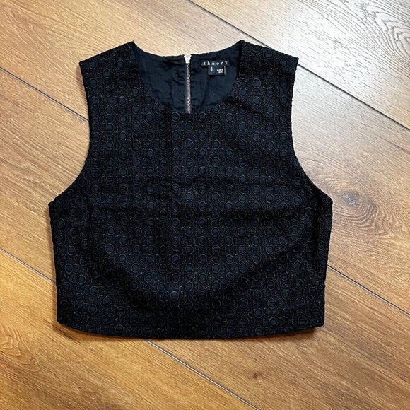 Theory Black Embroidered Zippered Back  Sleeveless Blouse Size S - Picture 1 of 5